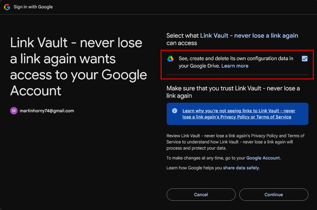 Google sign-in screen showing the permission checkbox to allow LinkVault access to its configuration data in Google Drive