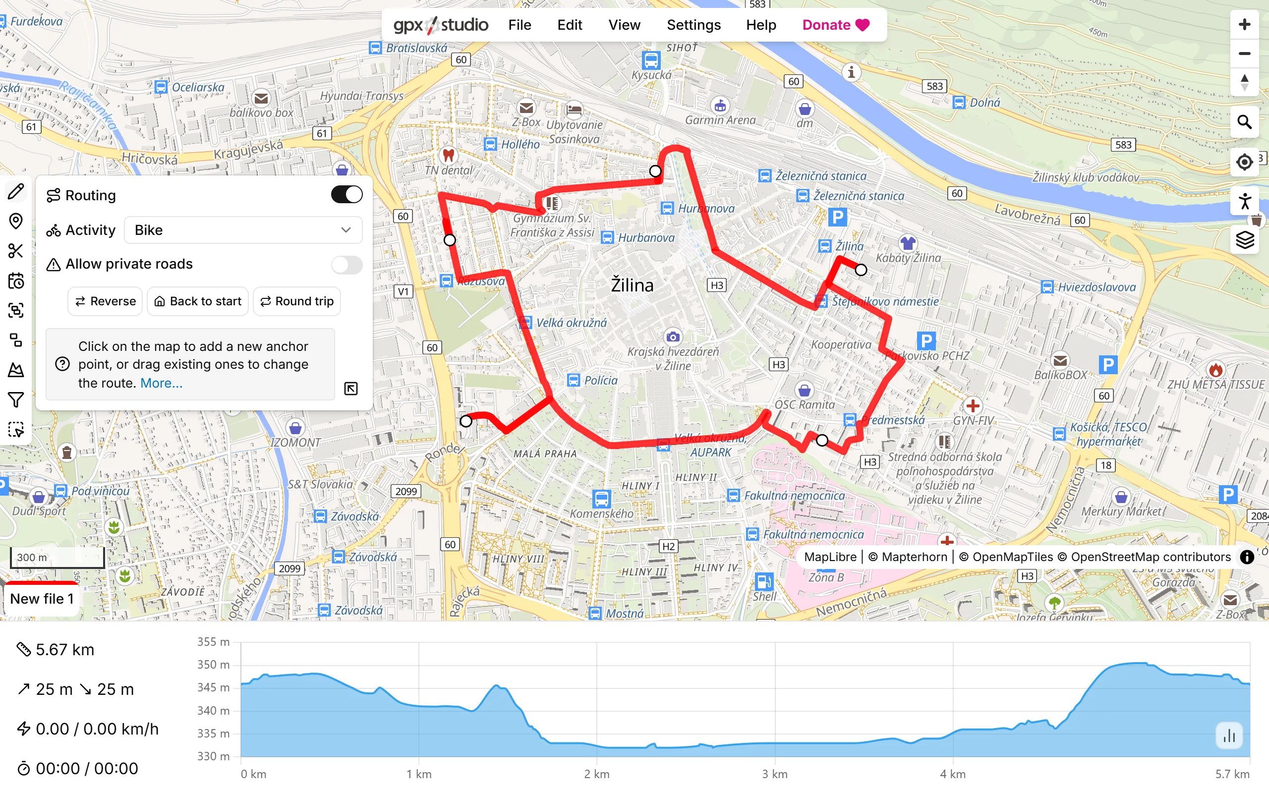 The finished route in gpx.studio